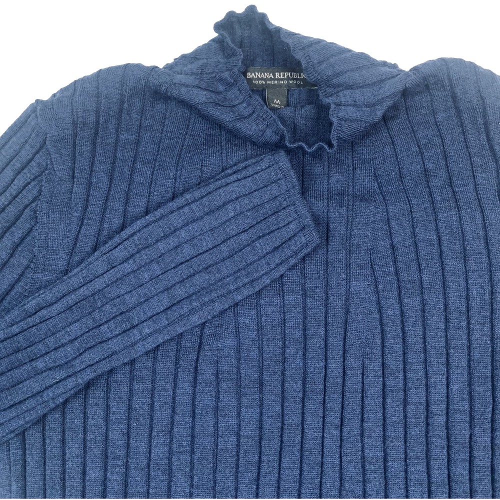 Banana Republic Merino Wool Ribbed Sweater Women’s Medium Navy Mock Neck Slim